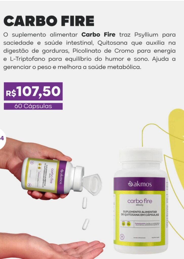 Carbo Fire! Com Psyllium que dá saciedade e saúde intestinal! Quitosana que auxilia na digestão de gorduras, Pícolinato de Cromo e L-triprofano para equilibrar humor e sono
