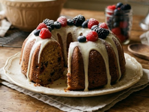 Bolo de Frutas Vermelhas com Calda Cremosa e Toque de Baunilha